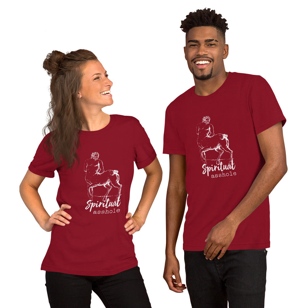 Couple wearing matching shirts with a Centaur saying Spiritual Asshole