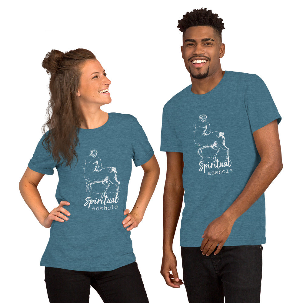 Couple wearing matching shirts with a Centaur saying Spiritual Asshole