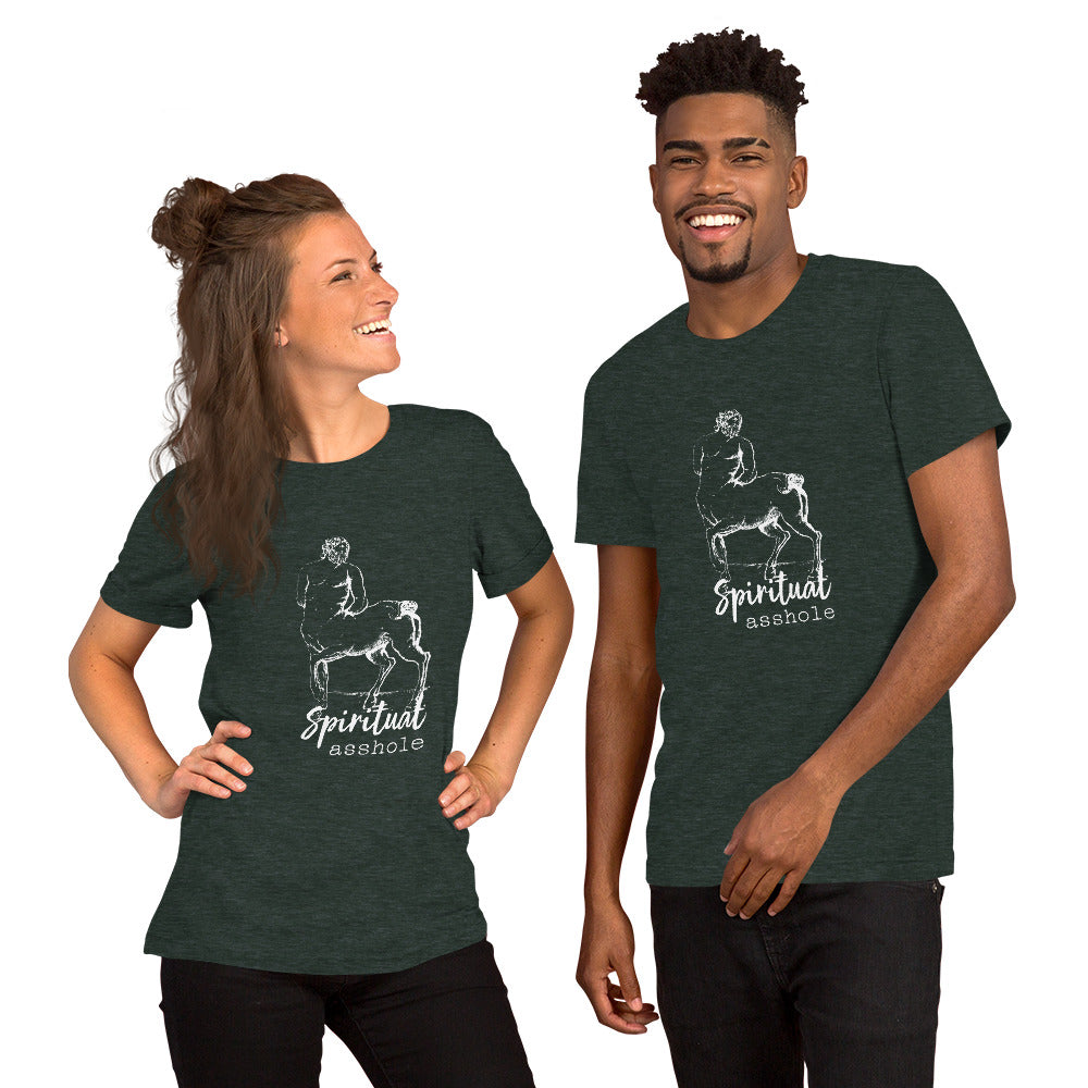 Couple wearing matching shirts with a Centaur saying Spiritual Asshole