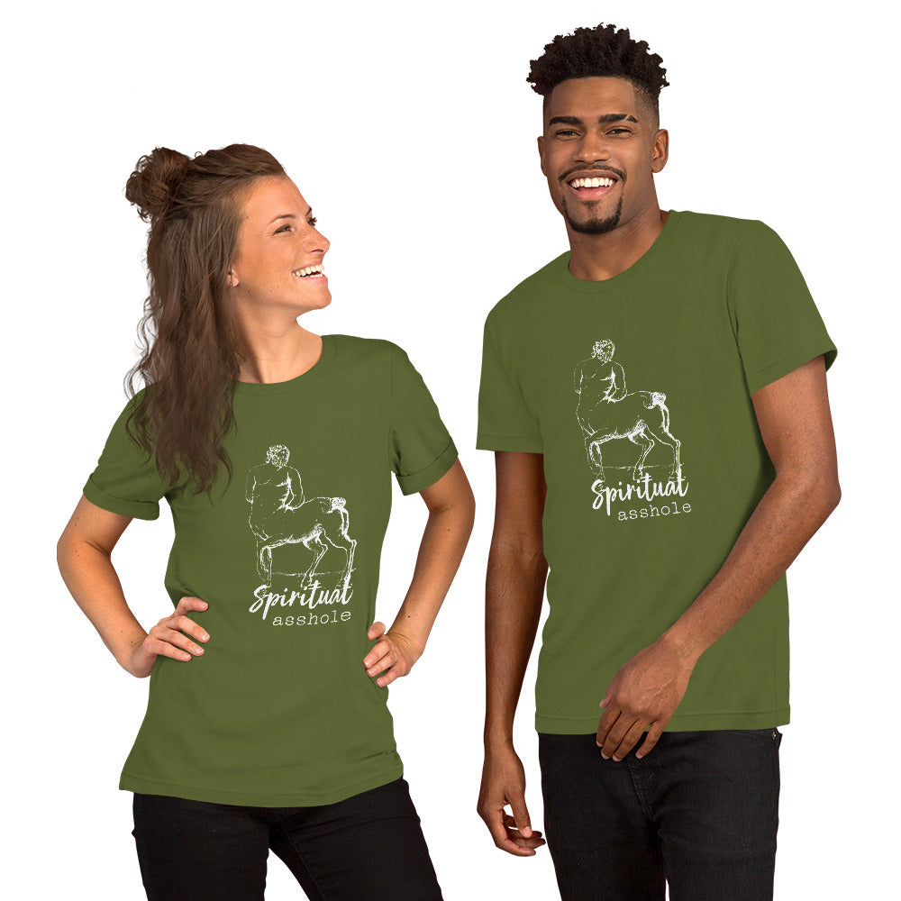 Couple wearing matching shirts with a Centaur saying Spiritual Asshole